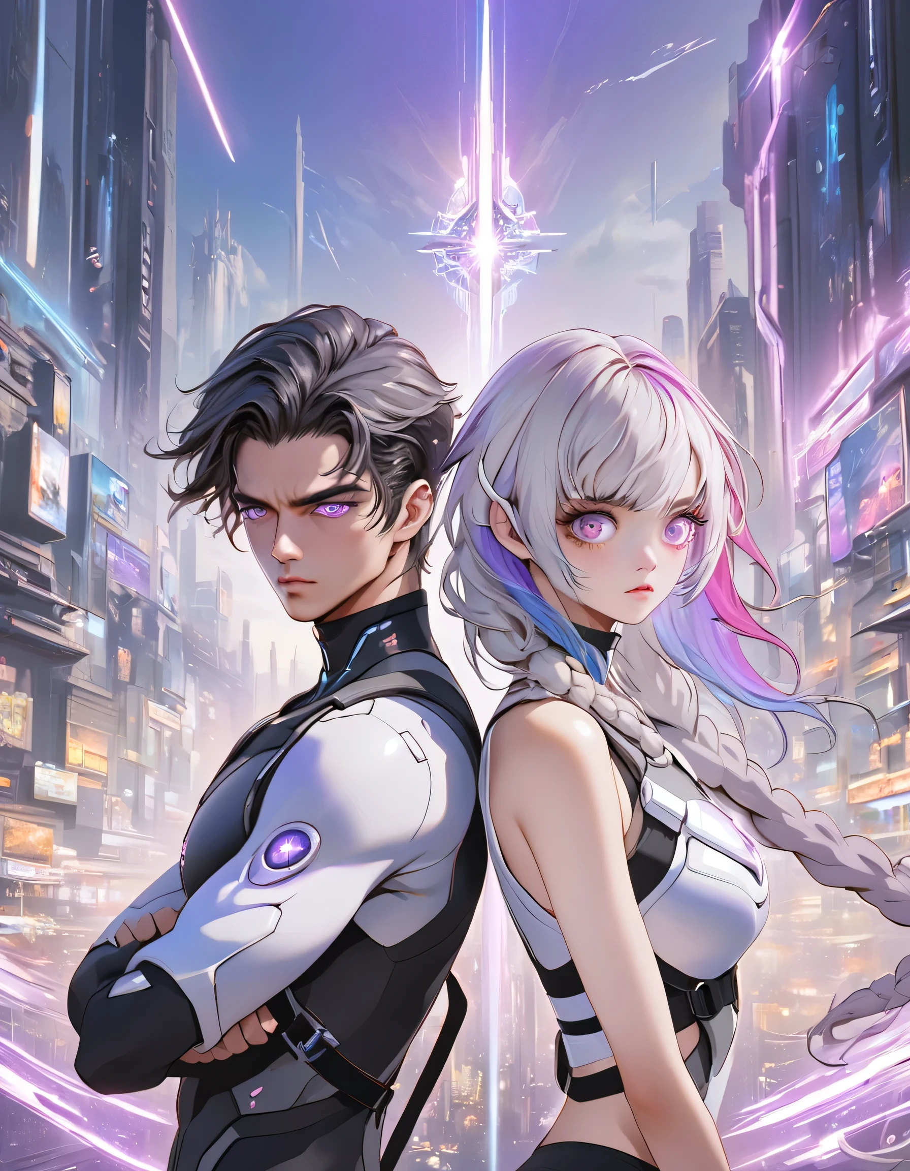 （Boys and Girls）, Back to Back，(Very detailed CG unified 16k wallpaper:1.1), (Denoising Strength: 1.45), Beautiful and delicate eyes, Mecha coverage, Dark purple with white hair, Silver hair long braid,Fluorescent violet, rose red eyes, The background is a beautifully detailed cyberpunk city, Colorful hair, Beautiful and delicate light, The boy next to him has short black hair，White T-shirt，hansome，tall，Boys are taller than girls，Poker face, Cold expression, crazy, Sporty, Very detailed, Lots of details, HD semi-realistic anime CG concept art digital, illustration, Glowing lights, (masterpiece:1.37), masterpiece, best quality