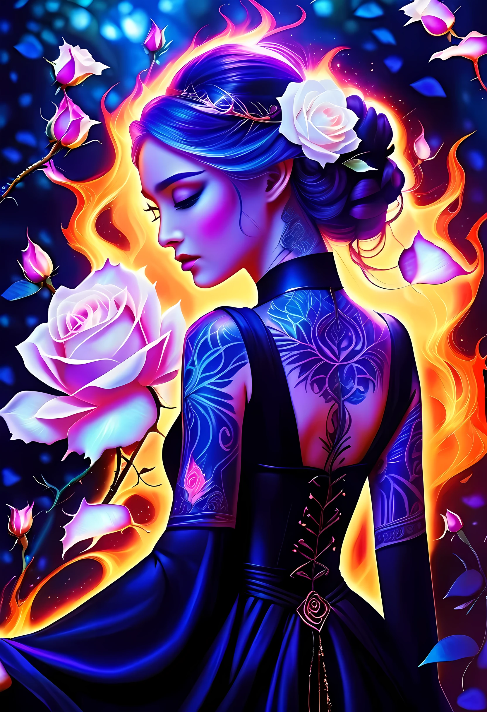 Arafed, Dark fantasy art, fantasy art, goth art, a picture of a tattoo on the back of a female elf,  of  glowing tattoo of a ((blue rose: 1.3)) the rose tattoo is vivid, intricate detailed coming to life rose from the ink to real life, AlchemyPunkAI, shoot taken from the back, ((the back is visible: 1.3), she wears a transparent  black dress, the dress is elegant, flowing, elven style, that the tattoos glow, dynamic hair color, dynamic hair style, crystalline dress