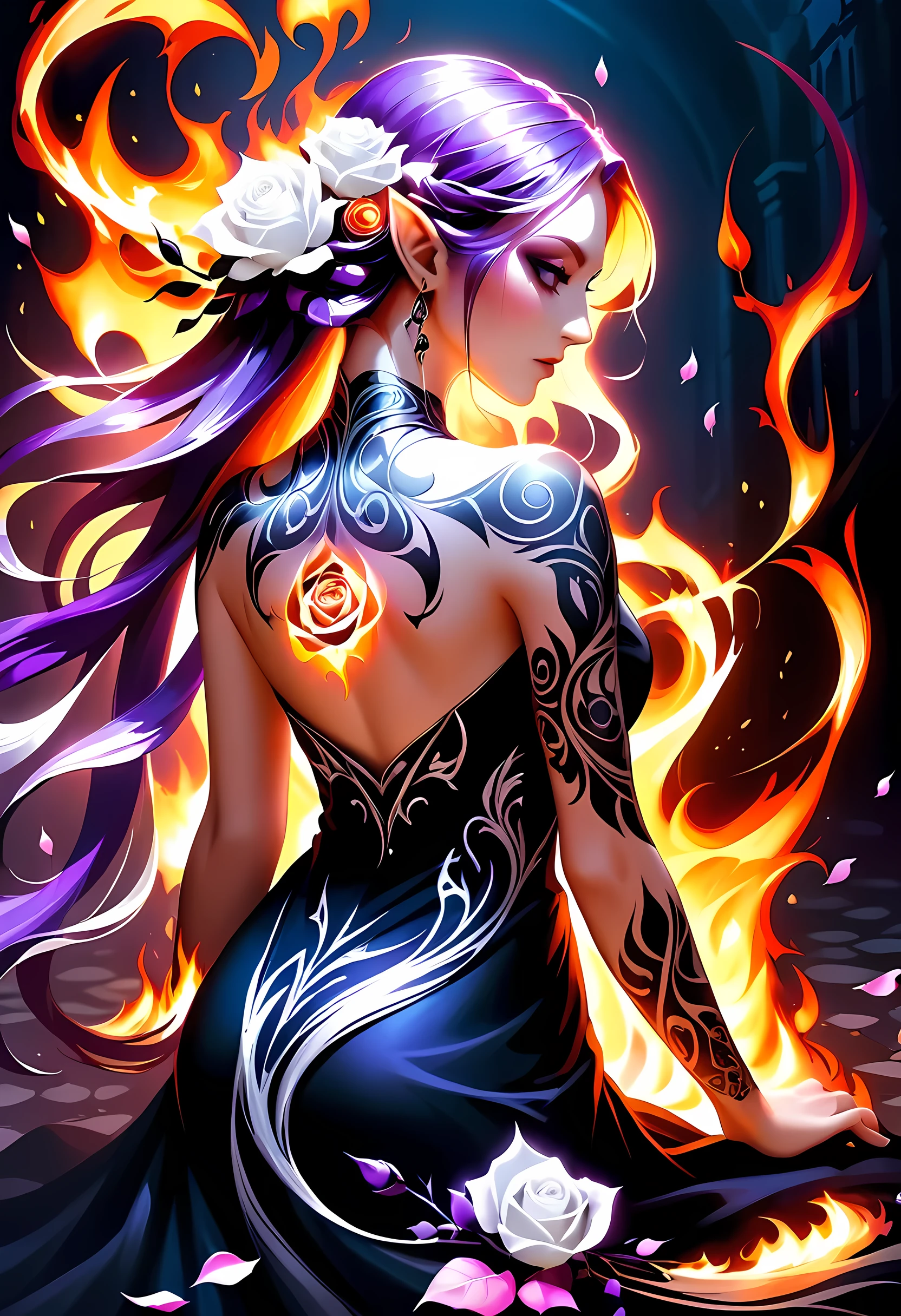 Arafed, Dark fantasy art, fantasy art, goth art, a picture of a tattoo on the back of a female elf, a glowing tattoo of a ((white rose: 1.3)) the ((rose tattoo)) is vivid, intricate detailed coming to life from the ink to real life, GlowingRunesAI_purple, ((fire surrounds the rose petals: 1.5)), shoot taken from the back, ((the back is visible: 1.3), she wears a transparent  black dress, the dress is elegant, flowing, elven style, that the tattoos glow, dynamic hair color, dynamic hair style, faize, 