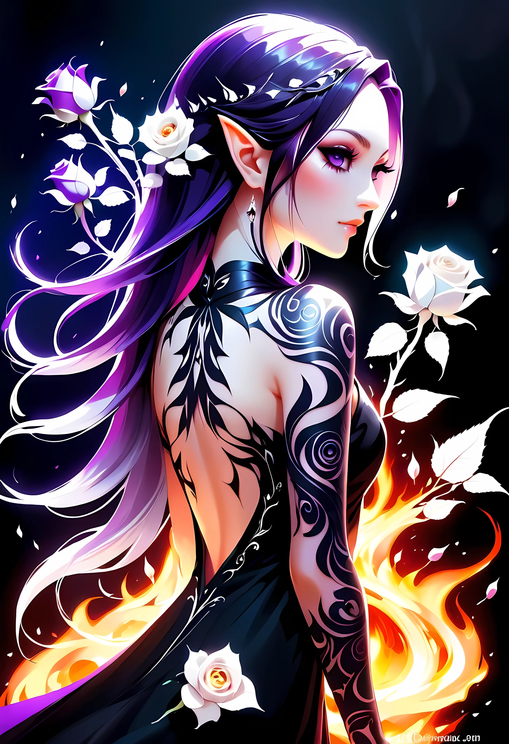 Arafed, Dark fantasy art, fantasy art, goth art, a picture of a tattoo on the back of a female elf, a glowing tattoo of a ((white rose: 1.3)) the ((rose tattoo)) is vivid, intricate detailed coming to life from the ink to real life, GlowingRunesAI_purple, ((fire surrounds the rose petals: 1.5)), shoot taken from the back, ((the back is visible: 1.3), she wears a transparent  black dress, the dress is elegant, flowing, elven style, that the tattoos glow, dynamic hair color, dynamic hair style, faize, 