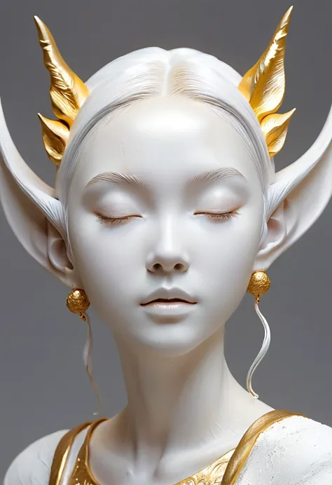 beautifully decorated，art jewelry，technology，3d sculpture，white clay statue，rough surface，graininess，grace，elf ears，artistic bea...