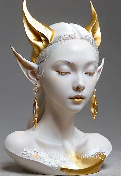 beautifully decorated，art jewelry，technology，3d sculpture，white clay statue，rough surface，graininess，grace，elf ears，artistic bea...