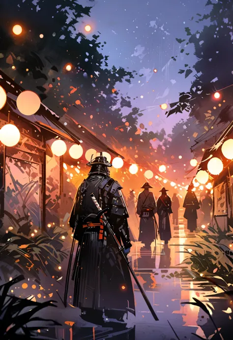 (Close-up shot:1.5), Japanese Samurai, Night forest glade background, (evening), moonlight, Bokeh, (Art by Jeremy Mann and Edvar...