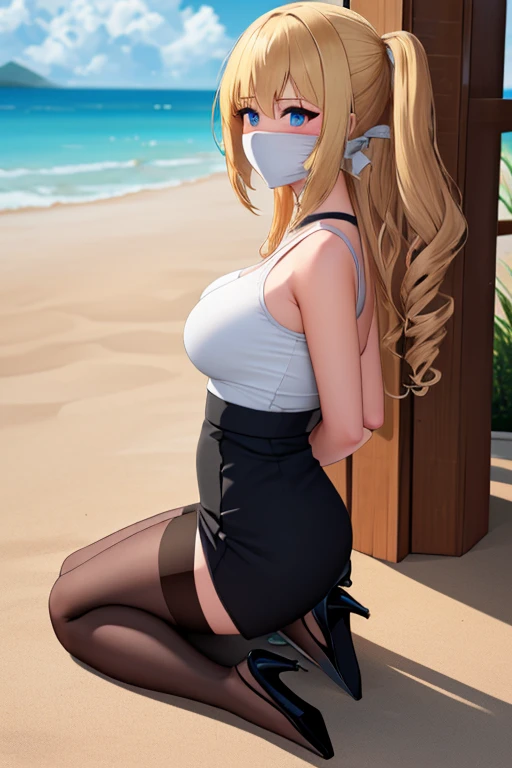 1 girl, detailed blue eyes, lange wimpern, detailed beautiful face, Side parts,a Bit curly hair, (very Long blonde hair:1.4), festgebunden, (arms behind back:1.6), gefesselte Arme, (blushing:1.3), (Big boobs:1.1), OTN, Gag, gagged, shibari over clothes, full body bondage, (black skirt, White top, black high heels:1.4), in einem Sessel sitzend, beach in the background, tied gag, nah aufnahmen