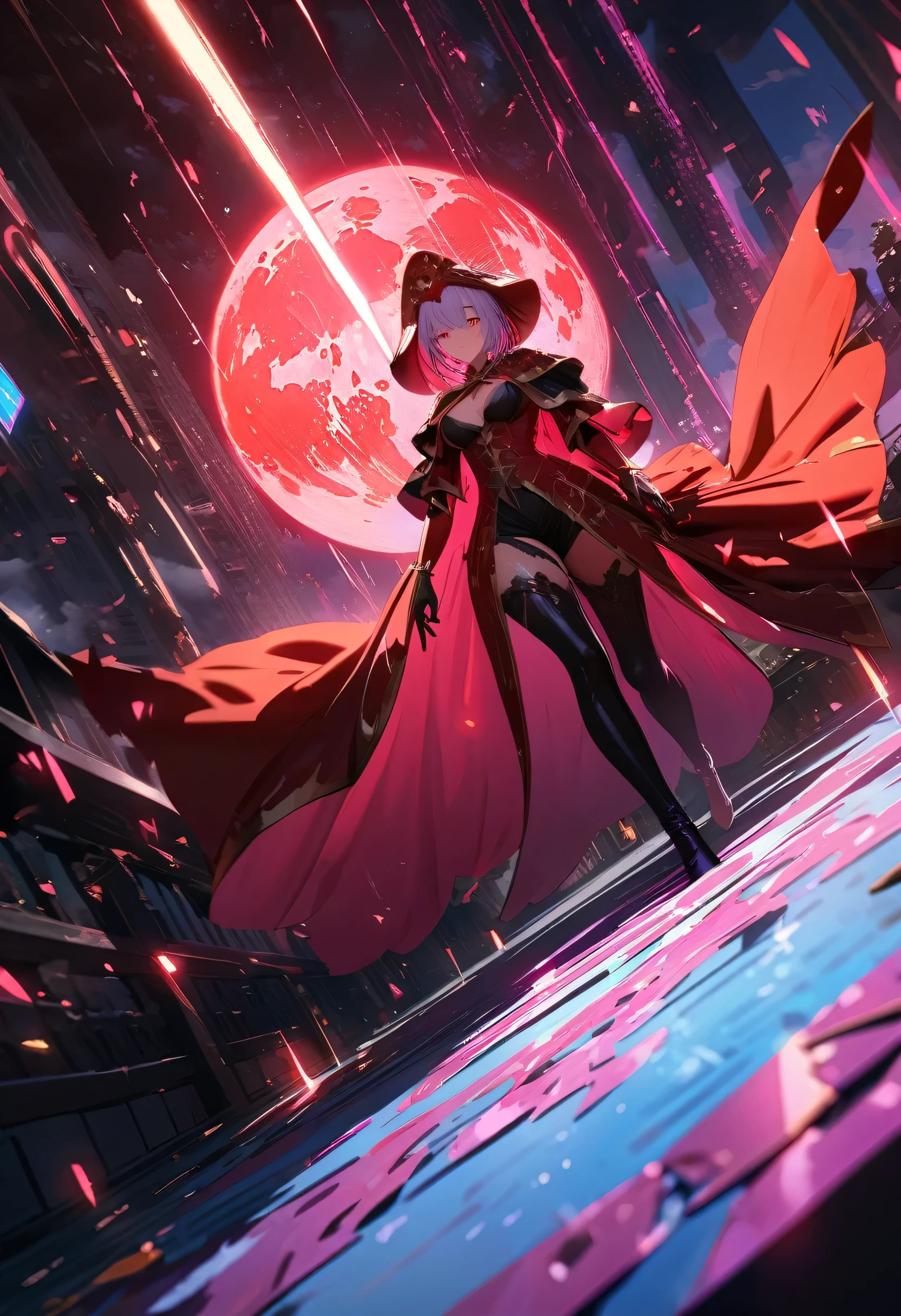 Red Necromancer, Blood Moon, Ray Tracing, masterpiece, highest quality, super high quality, Absurd detailed, best Light, Best Shadow, sharp, sharp image, detailed, extremely detailed, Amazing resolution, 8k, 4K, Ultra-high resolution, Particle Effects, Beautiful Effects, Vibrant colors, neon Light, neon, Light,