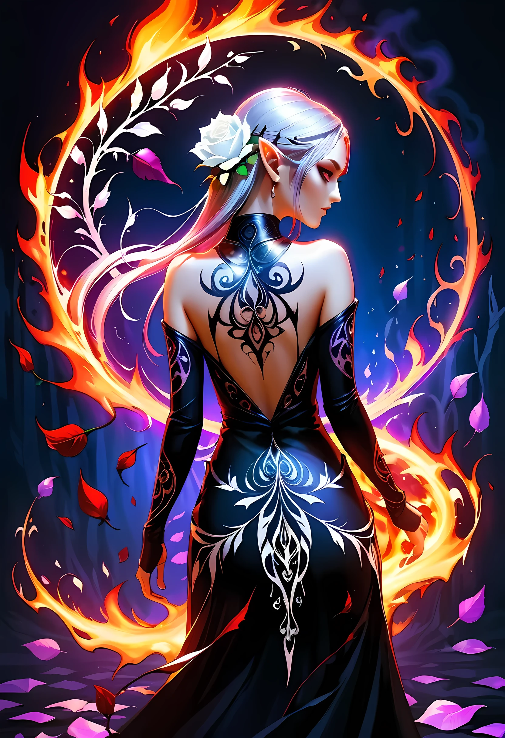 Arafed, Dark fantasy art, fantasy art, goth art, a picture of a tattoo on the back of a female elf, a glowing tattoo of a ((white rose: 1.3)) on the elf's back, the ((rose tattoo)) is vivid, intricate detailed coming to life from the ink to real life, GlowingRunesAI_purple, ((fire surrounds the rose petals: 1.5)), shoot taken from the back, ((the back is visible: 1.3), she wears a transparent  black dress, the dress is elegant, flowing, elven style, that the tattoos glow, dynamic hair color, dynamic hair style, faize, 