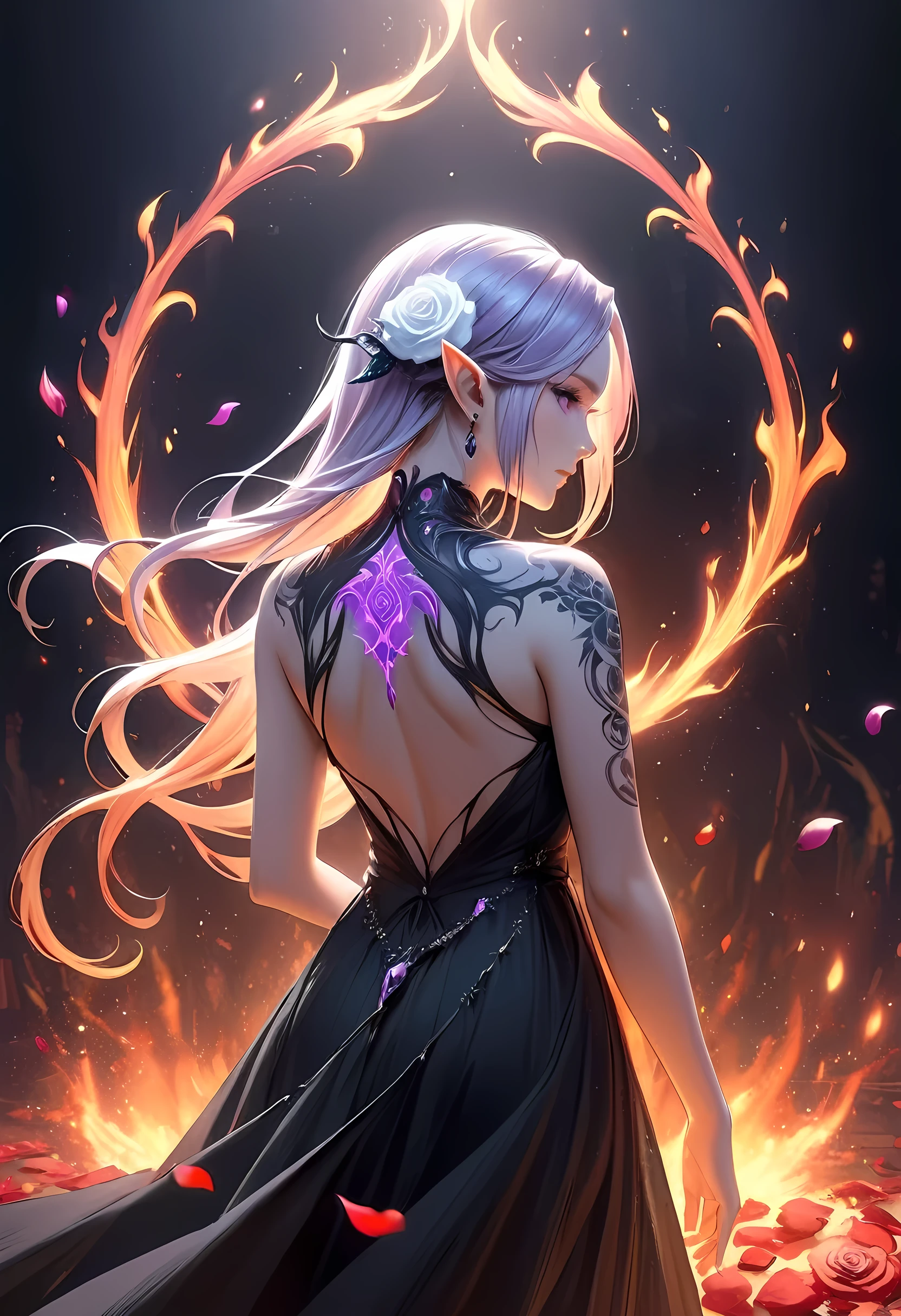 Arafed, Dark fantasy art, fantasy art, goth art, a picture of a tattoo on the back of a female elf, a glowing tattoo of a ((white rose: 1.3)) on the elf's back, the ((rose tattoo)) is vivid, intricate detailed coming to life from the ink to real life, GlowingRunesAI_purple, ((fire surrounds the rose petals: 1.5)), shoot taken from the back, ((the back is visible: 1.3), she wears a transparent black dress, the dress is elegant, flowing, elven style, that the tattoos glow, dynamic hair color, dynamic hair style, faize,, Digital Painting