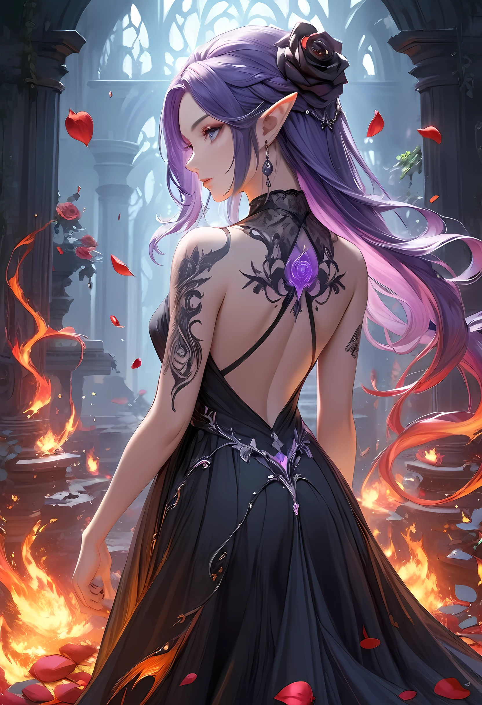 Arafed, Dark fantasy art, fantasy art, goth art, a picture of a tattoo on the back of a female elf, a glowing tattoo of a ((white rose: 1.3)) on the elf's back, the ((rose tattoo)) is vivid, intricate detailed coming to life from the ink to real life, GlowingRunesAI_purple, ((fire surrounds the rose petals: 1.5)), shoot taken from the back, ((the back is visible: 1.3), she wears a transparent black dress, the dress is elegant, flowing, elven style, that the tattoos glow, dynamic hair color, dynamic hair style, faize,, Digital Painting