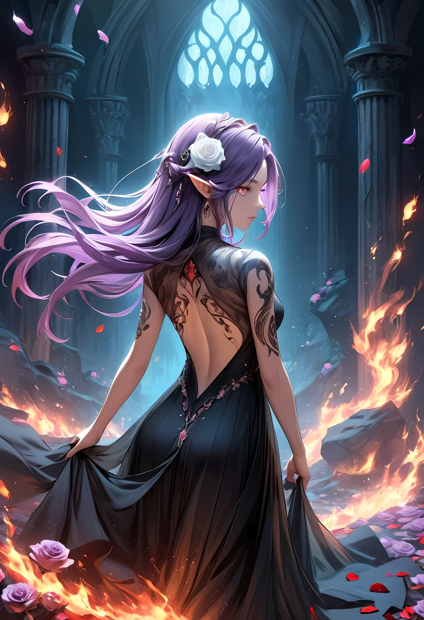 アラフェド, Dark ファンタジーアート, ファンタジーアート, ゴスアート, a picture of a tattoo on の back of a female elf, 光るタトゥー ((ホワイトローズ: 1.3)) on の elf's back, の ((バラのタトゥー)) 鮮やかです, intricate detailed coming to life from の ink to real life, グローイングルーンAI_紫, ((fire surrounds の rose petals: 1.5)), shoot taken from の back, ((の back is visible: 1.3), 彼女は透明な黒いドレスを着ている, の dress is elegant, 流れる, エルフスタイル, that の tattoos glow, ダイナミックヘアカラー, ダイナミックなヘアスタイル, 興味に,, デジタルペインティング