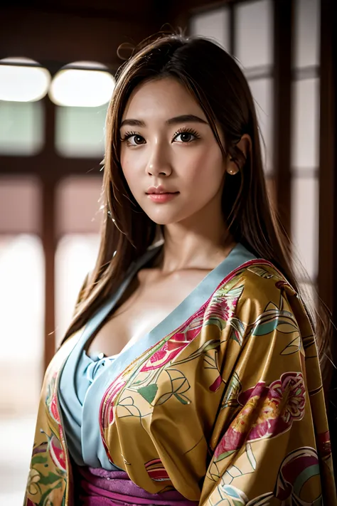 Realistic, Highest quality, 8k, woman, 20-year-old, Sakura pattern kimono, Large Bust, Long Hair, Ultra-detailed skinｍTexture, S...