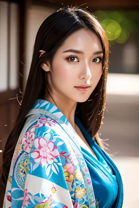 Realistic, Highest quality, 8k, woman, 20-year-old, Sakura pattern kimono, Large Bust, Long Hair, Ultra-detailed skin textures, ...