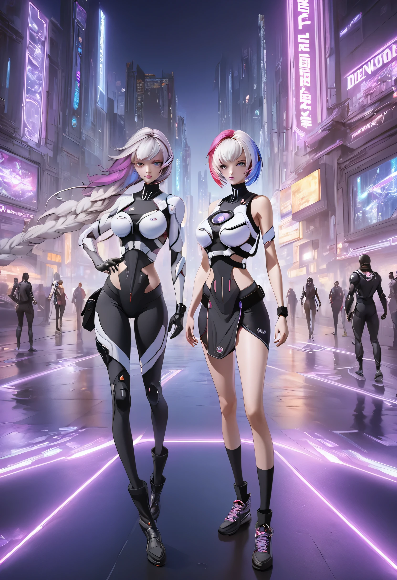 (Full body image:1.5), (Very detailed CG unified 16k wallpaper:1.1), (Denoising Strength: 1.45), cryptic_g,（Beautiful and delicate eyes）,  Dark purple with white hair, Fluorescent violet, rose red eyes, Beautiful and detailed cyberpunk city, Colorful hair, Beautiful and delicate light, （2 girls）, Black short hair，Poker face, Cold expression, crazy, Sporty, Very detailed, Lots of details, HD semi-realistic anime CG concept art digital, illustration, Glowing lights, (masterpiece:1.37), masterpiece, best quality