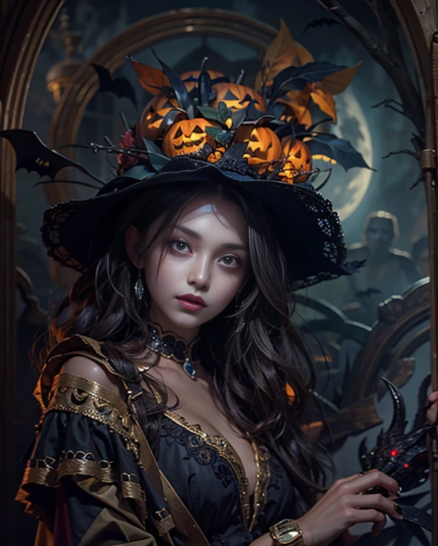 mais alta qualidade, obra de arte, Atenção aos detalhes, detalhes intrincados, realista, Mulher misteriosa de Halloween com expressão brilhante, Atmosfera assustadora