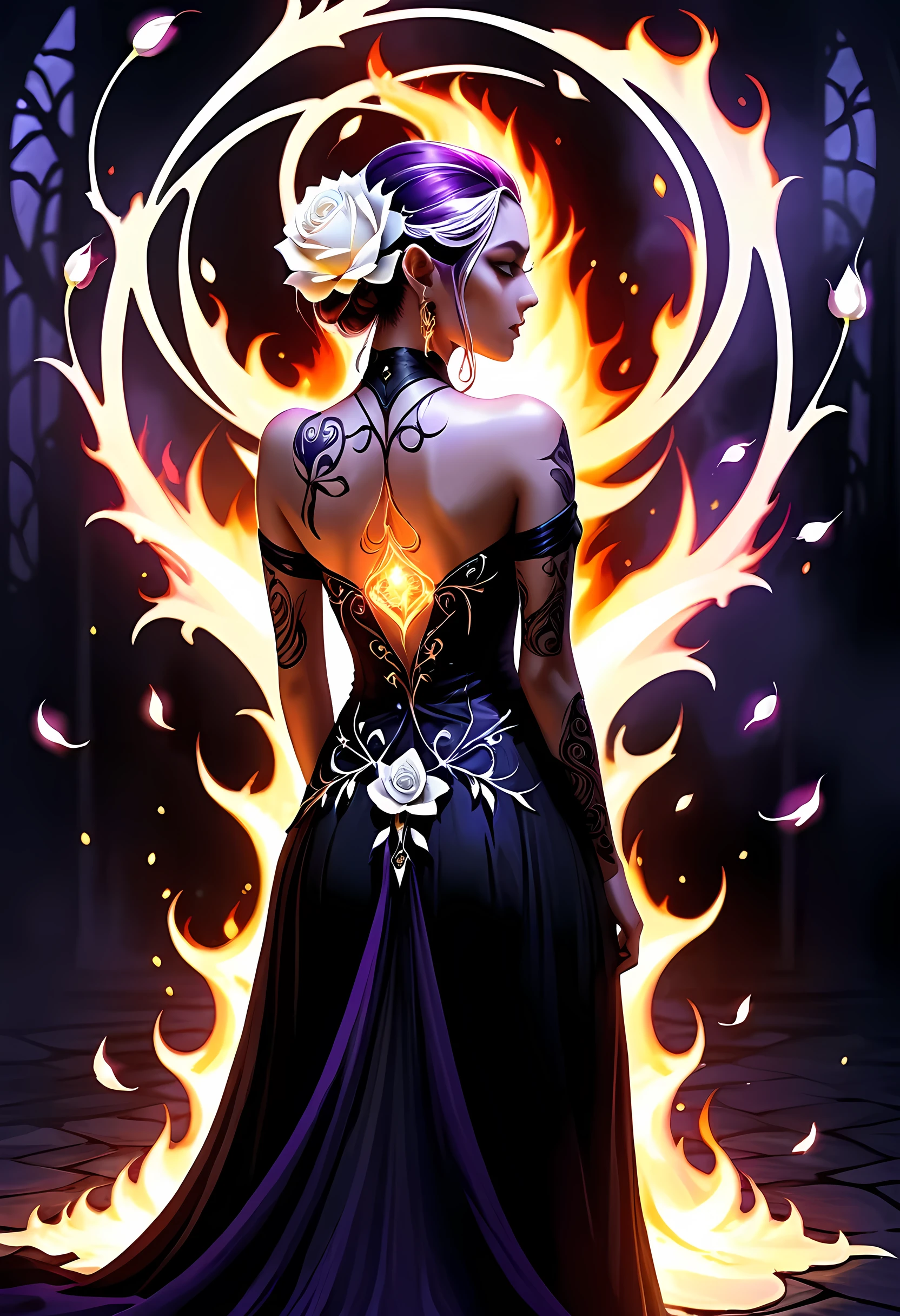 Arafed, Dark fantasy art, fantasy art, goth art, a picture of a tattoo on the back of a female elf, a glowing tattoo of a ((white rose: 1.3)) on the elf's back, the ((rose tattoo)) is vivid, intricate detailed coming to life from the ink to real life, GlowingRunesAI_purple, ((fire surrounds the rose petals: 1.5)), shot taken from the back, ((the back is visible: 1.3), she wears a transparent  black dress, bare back, the dress is elegant, flowing, elven style, that the (tattoos glow: 1.1), dynamic hair color, dynamic hair style, faize, trimmed dress, frills, velvet corset, strapless,