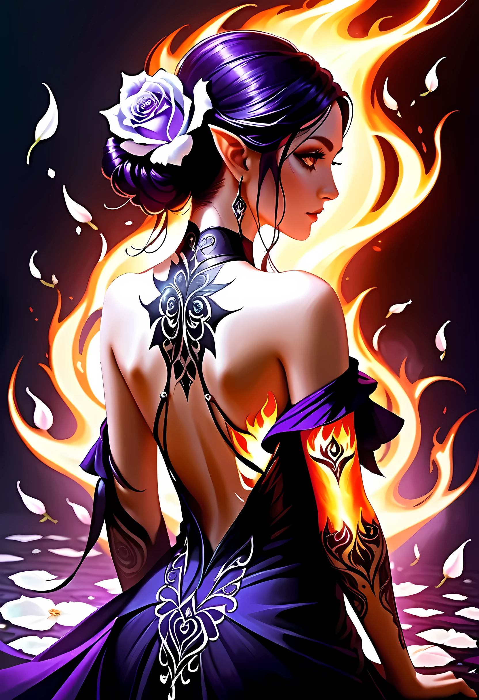 Arafed, Dark fantasy art, fantasy art, goth art, a picture of a tattoo on the back of a female elf, a glowing tattoo of a ((white rose: 1.3)) on the elf's back, the ((rose tattoo)) is vivid, intricate detailed coming to life from the ink to real life, GlowingRunesAI_purple, ((fire surrounds the rose petals: 1.5)), shot taken from the back, ((the back is visible: 1.3), she wears a transparent  black dress, bare back, the dress is elegant, flowing, elven style, that the (tattoos glow: 1.1), dynamic hair color, dynamic hair style, faize, trimmed dress, frills, velvet corset, strapless,