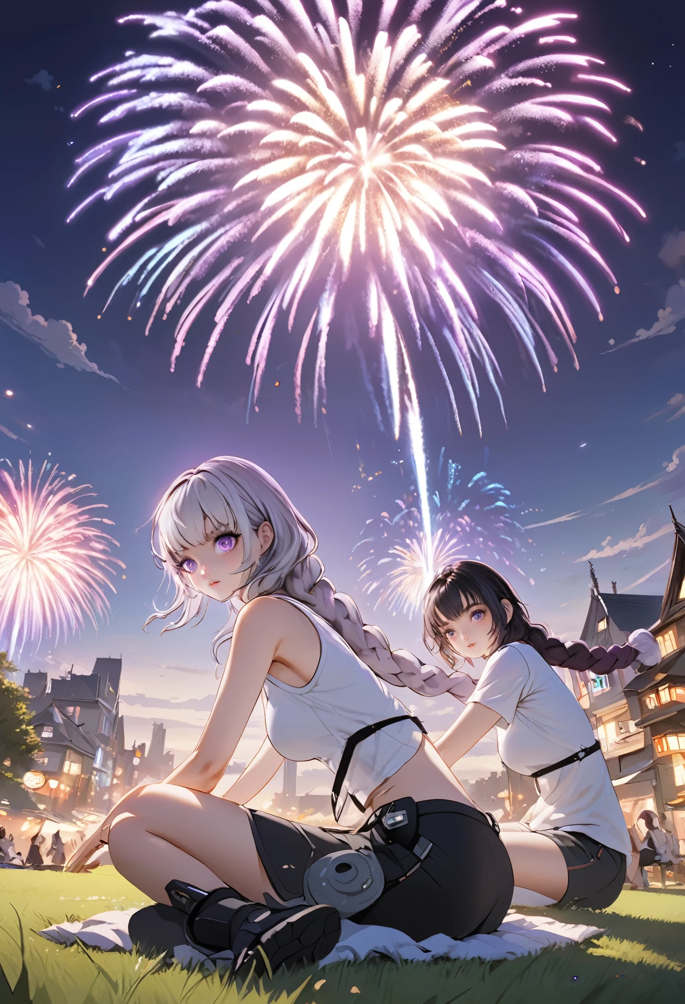 (Very detailed CG unified 16k wallpaper:1.1), (Denoising Strength: 1.45), Two girls sitting on the grass watching fireworks，1girl, cryptic_g, purple eyes, silver hair, gradient hair, twin braided hair,Beautiful and delicate eyes,,Dark purple with white hair, Fluorescent violet。Another girl with short black hair，White T-shirt，Neutral style,  Beautiful detailed city night in the background,Fireworks in the night sky， Perspective Effect, Very detailed, Lots of details, HD semi-realistic anime CG concept art digital, illustration, (masterpiece:1.37), masterpiece, best quality，poster
