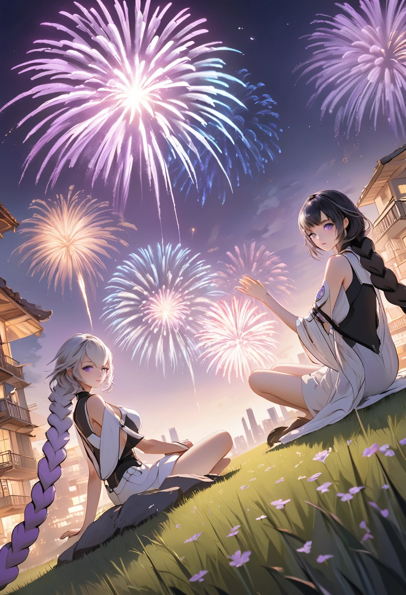 (Very detailed CG unified 16k wallpaper:1.1), (Denoising Strength: 1.45), Two girls sitting on the grass watching fireworks，1girl, cryptic_g, purple eyes, silver hair, gradient hair, twin braided hair,Beautiful and delicate eyes,,Dark purple with white hair, Fluorescent violet。Another girl with short black hair，Neutral style,  Beautiful detailed city night in the background,Fireworks in the night sky， Perspective Effect, Very detailed, Lots of details, HD semi-realistic anime CG concept art digital, illustration, (masterpiece:1.37), masterpiece, best quality，poster
