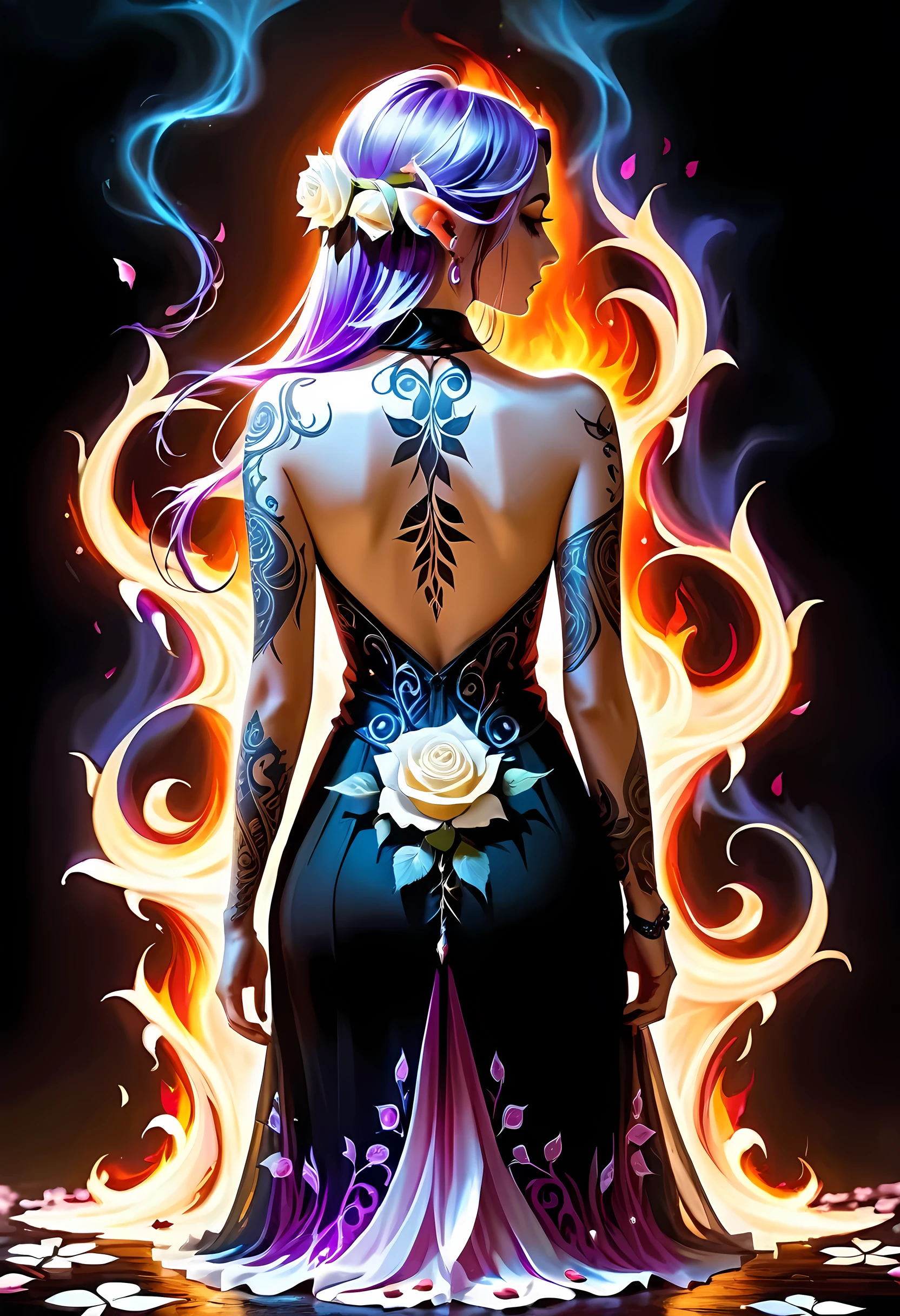 arafé, Dark art fantastique, art fantastique, art gothique, a picture of a tattoo on le back of a female elf, un tatouage brillant d&#39;un ((rose blanche: 1.3)) on le elf's back, le ((Tatouage de roses)) est vif, intricate detailed coming to life from le ink to real life, GlowingRunesAI_violet, ((fire surrounds le rose petals: 1.5)), shot taken from le back, ((le back is visible: 1.3), elle porte une robe noire transparente, dos nu, le dress is elegant, écoulement, style elfique, that le (les tatouages brillent: 1.1), couleur de cheveux dynamique, coiffure dynamique, intéresser, robe garnie, fioritures, corset en velours, sans bretelles,