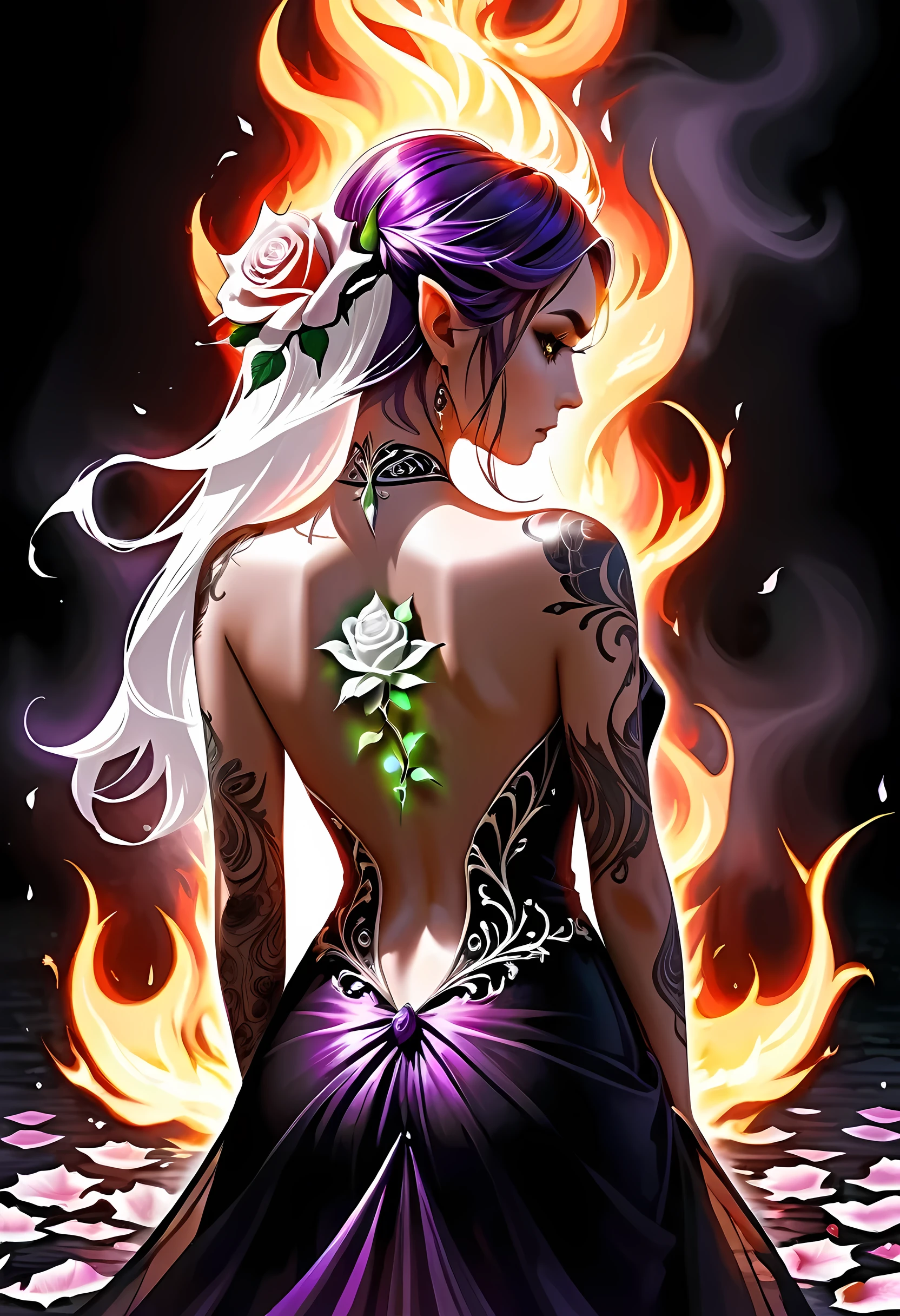 Arafed, Dark arte de fantasia, arte de fantasia, arte gótica, a picture of a tattoo on o back of a female elf, uma tatuagem brilhante de um ((Rosa Branca: 1.3)) on o elf's back, o ((tatuagem de rosa)) is vivid, intricate detailed coming to life from o ink to real life, GlowingRunesAI_roxo, ((fire surrounds o rose petals: 1.5)), shot taken from o back, ((o back is visible: 1.3), ela usa um vestido preto transparente, Costas nuas, o dress is elegant, fluindo, Estilo élfico, that o (Tatuagens brilham: 1.1), cor de cabelo dinâmica, estilo de cabelo dinâmico, faize, vestido aparado, babados, espartilho de veludo, sem alças,