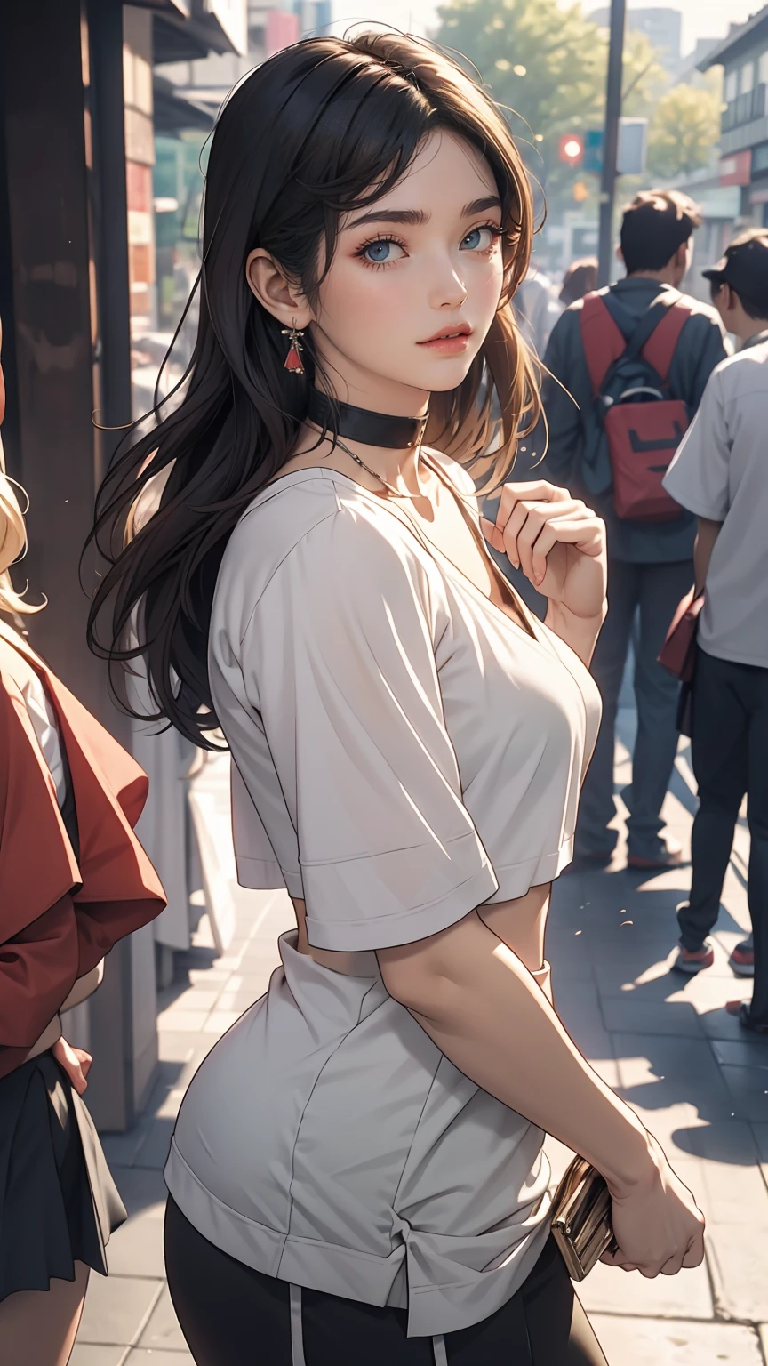 24-year-old female、Put your hands together and thrust them forward、Many pigeons land on my hands、Choker Neck((choker neck))Wear tops、Wear low rise leggings、smile、View your viewers、smile