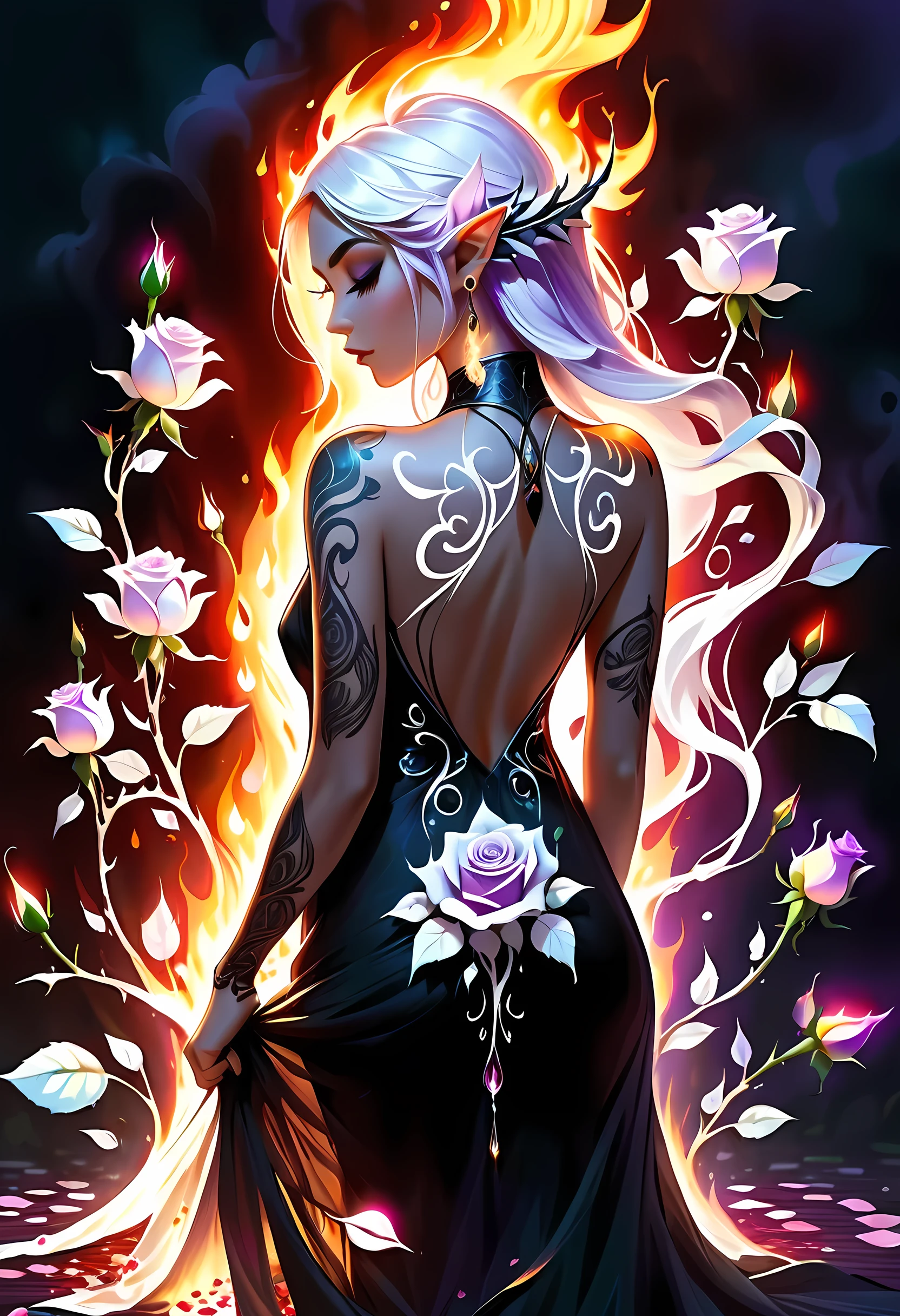 arafé, Dark art fantastique, art fantastique, art gothique, a picture of a tattoo on le back of a female elf, un tatouage brillant d&#39;un ((rose blanche: 1.3)) on le elf's back, le ((Tatouage de roses)) est vif, intricate detailed coming to life from le ink to real life, GlowingRunesAI_violet, ((fire surrounds le rose petals: 1.5)), shot taken from le back, ((le back is visible: 1.3), elle porte une robe noire transparente, dos nu, le dress is elegant, écoulement, style elfique, that le (les tatouages brillent: 1.1), couleur de cheveux dynamique, coiffure dynamique, intéresser, fleur