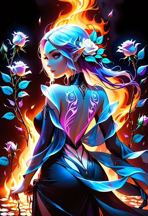 Arafed, Dark fantasy art, fantasy art, goth art, a picture of a tattoo on the back of a female elf, a glowing tattoo of a ((whit...