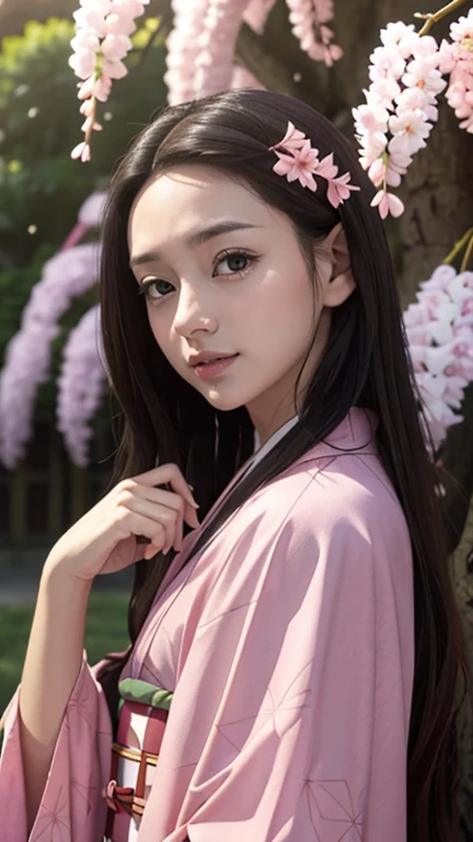 masterpiece, (pink kimono), seductive face, good lighting, low-cut, small details, masterpiece, glowing eyes, 1girl, black hair, on face, Nezuko Kamado, wisteria background, masterpiece, best quality, POV, different poses