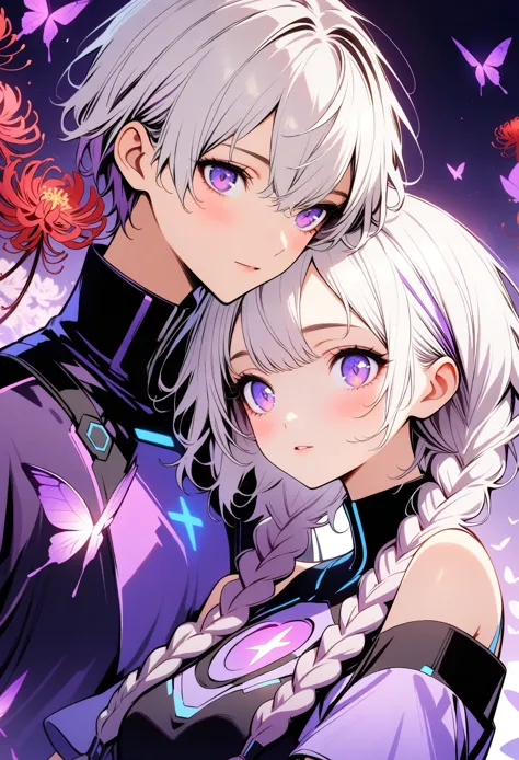 couple，half-length portrait， purple eyes，bright eyes，(((girl white hair-purple-2-long braids)))，(((boys short hair，)))。high coll...