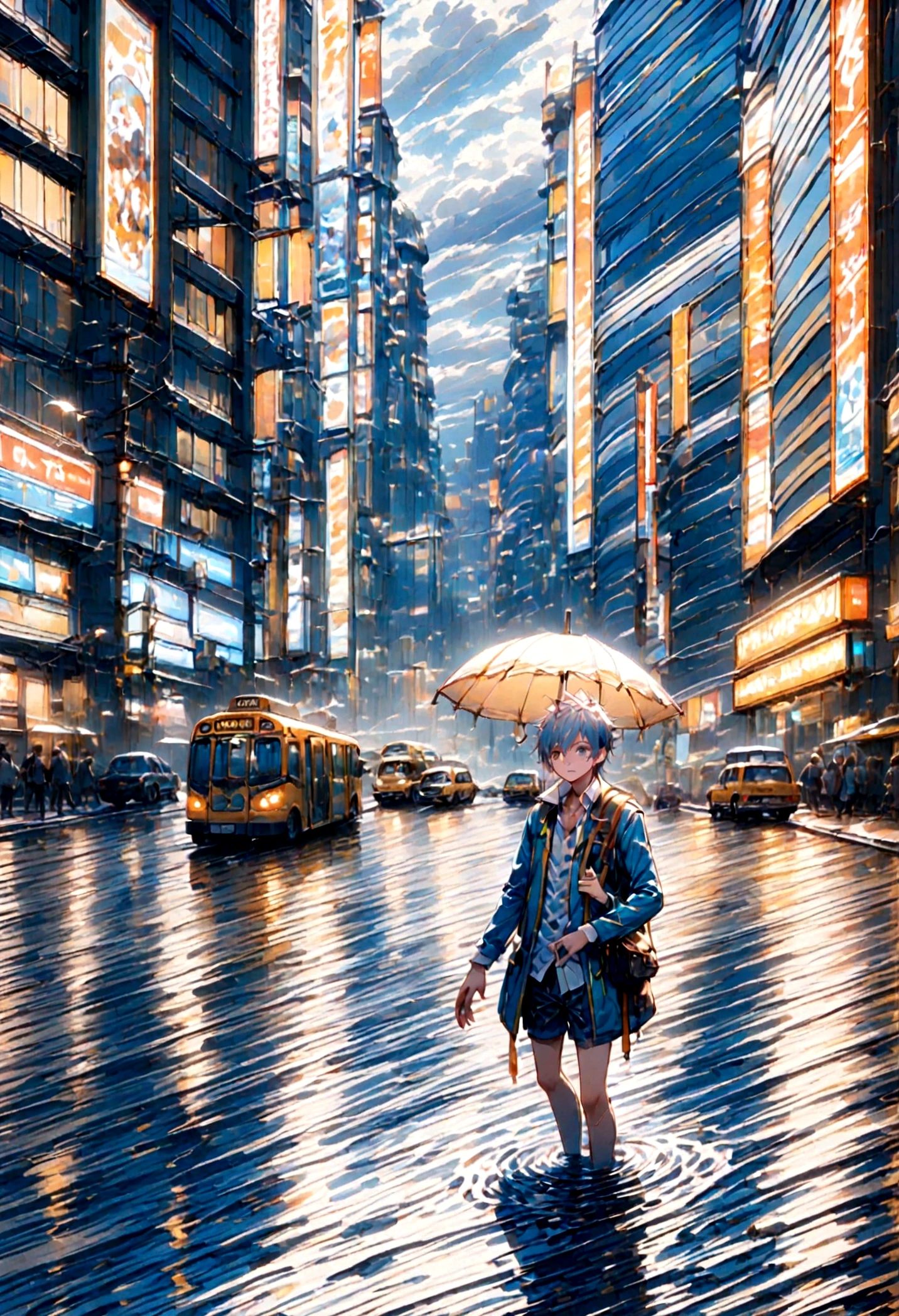 One boy,13-year-old boy、Wet body、Spiky Hairstyles、Cyberpunk Boy、The adventure begins、(Soaking wet:2)、(lightning:1.5)、Cloudy,濃いfog、fog,It was chaotic. city of the future、Movie dystopia、A group of very tall skyscrapers stands in the center、Highly complex cityscape,Crowded Chinese skyscrapers、road signs、Street lamp、taxi、bus、train、Blue lighting,Dark Road、There are lots of puddles、It was chaotic.、Beautiful and fantastic scenery、Cinematic landscape、high quality、Tabletop,In 8K、High resolution、