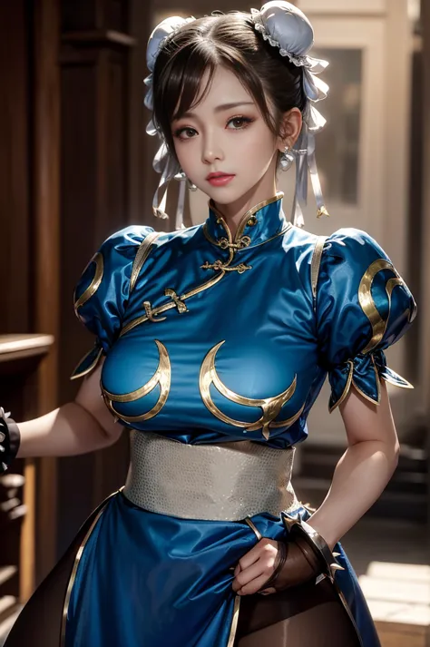 chun-li from street fight ii,the perfect chun-li costume,blue chinese dress with gold lines,bun head,good cover,fighting pose,ma...