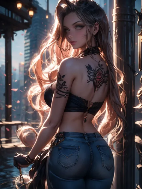 A beautiful young woman from behind showing her beautiful black intricate tattoo intricate tattoo design, only her back is visib...