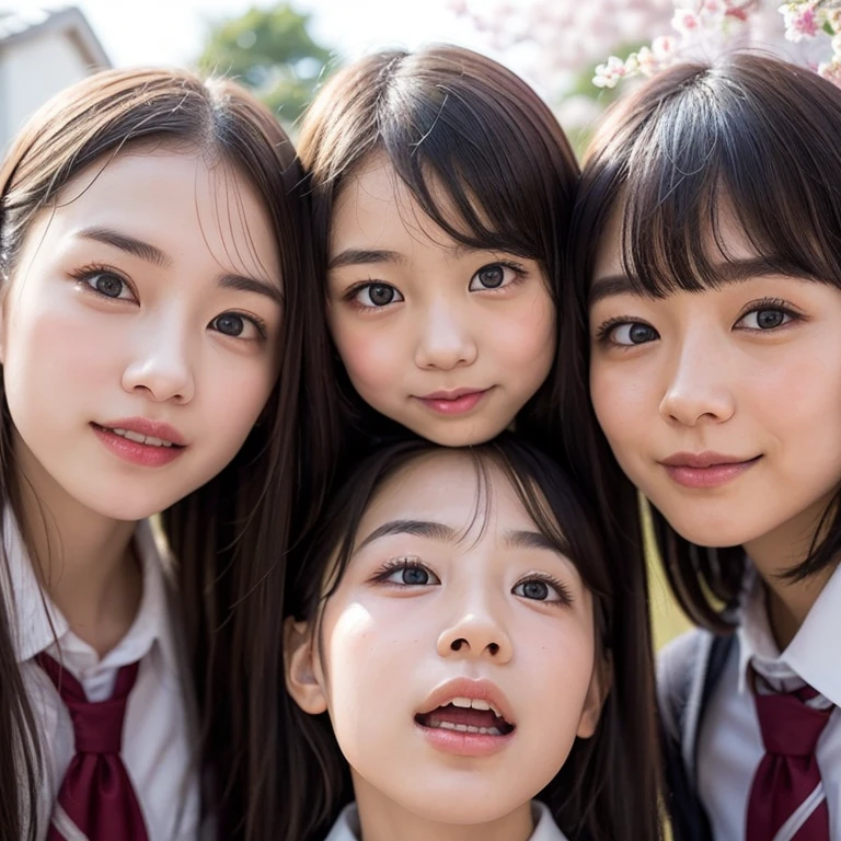 Best_Quality, HDR, masterpiece, Hi-Res, (realistic and photorealistic with touch of rawness:1.37), (group photo:1.6), ((3SchoolGirls Surrounding the camera in Upward composition)), Panoramic, (NOGIZAKA face variations:1.4), { Looking down at the camera | (Kissing face to face) }, (((close:1.2, Face closeup from below:1.4))), (((Sky background)) with CherryBlossoms) . BREAK  Extremely Detailed KAWAII face variations, captivating gaze, elaborate detailed Eyes with (sparkling highlights:1.32), long eyelashes、Glossy RED Lips with beautiful details, Coquettish tongue, Rosy cheeks, Glistening ivory skin . { (Dynamic joyful expressions) | (:D) | (Kissing) }, Childish, SchoolUniform, { Bangs | Hime cut  | OKAPPA } 