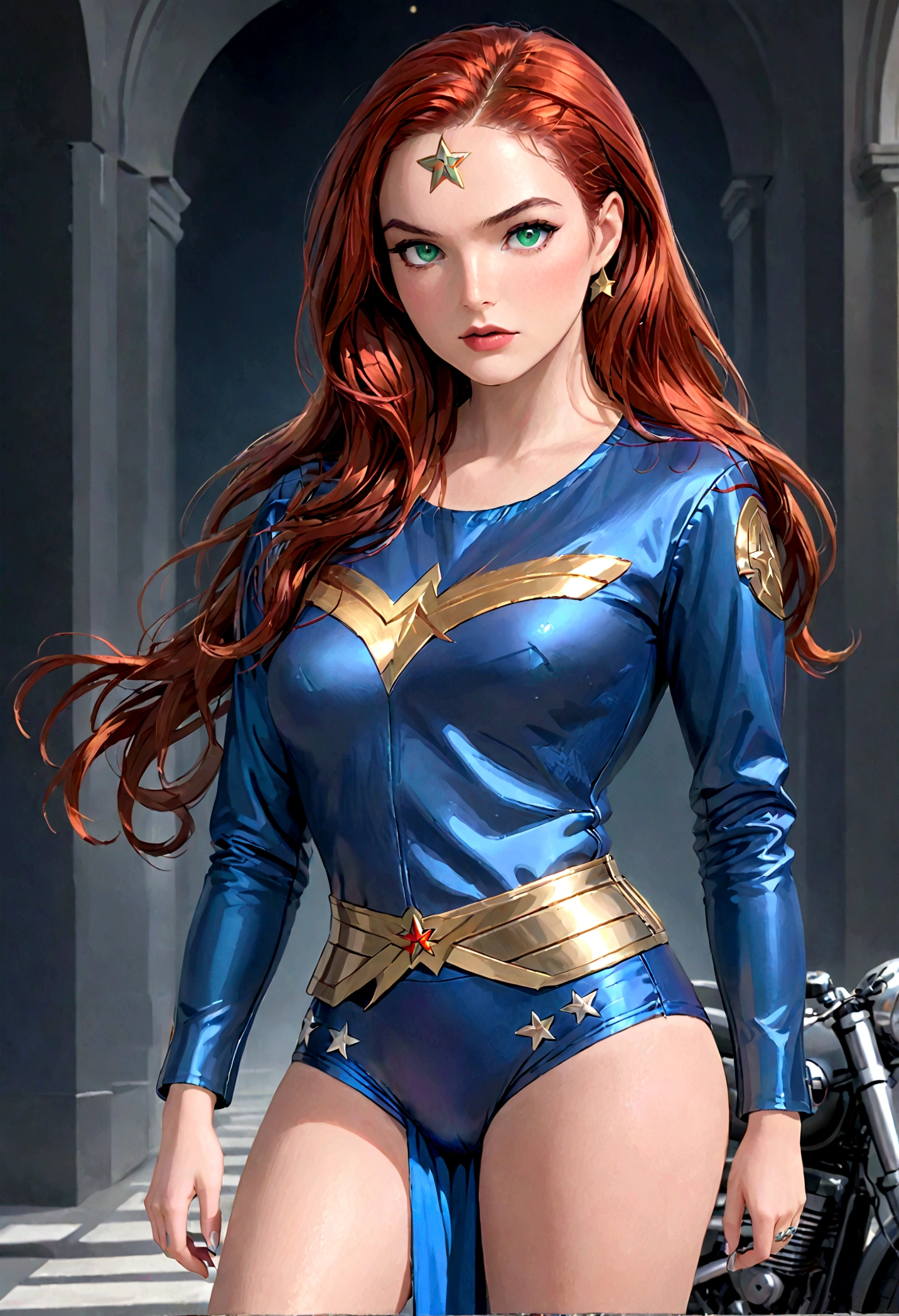 A beautiful sexy redhead woman with green eyes, a classic 70s Wonder Woman, wears a biker jacket), detailed realistic 4k highres masterpiece, straight hair, full body, 