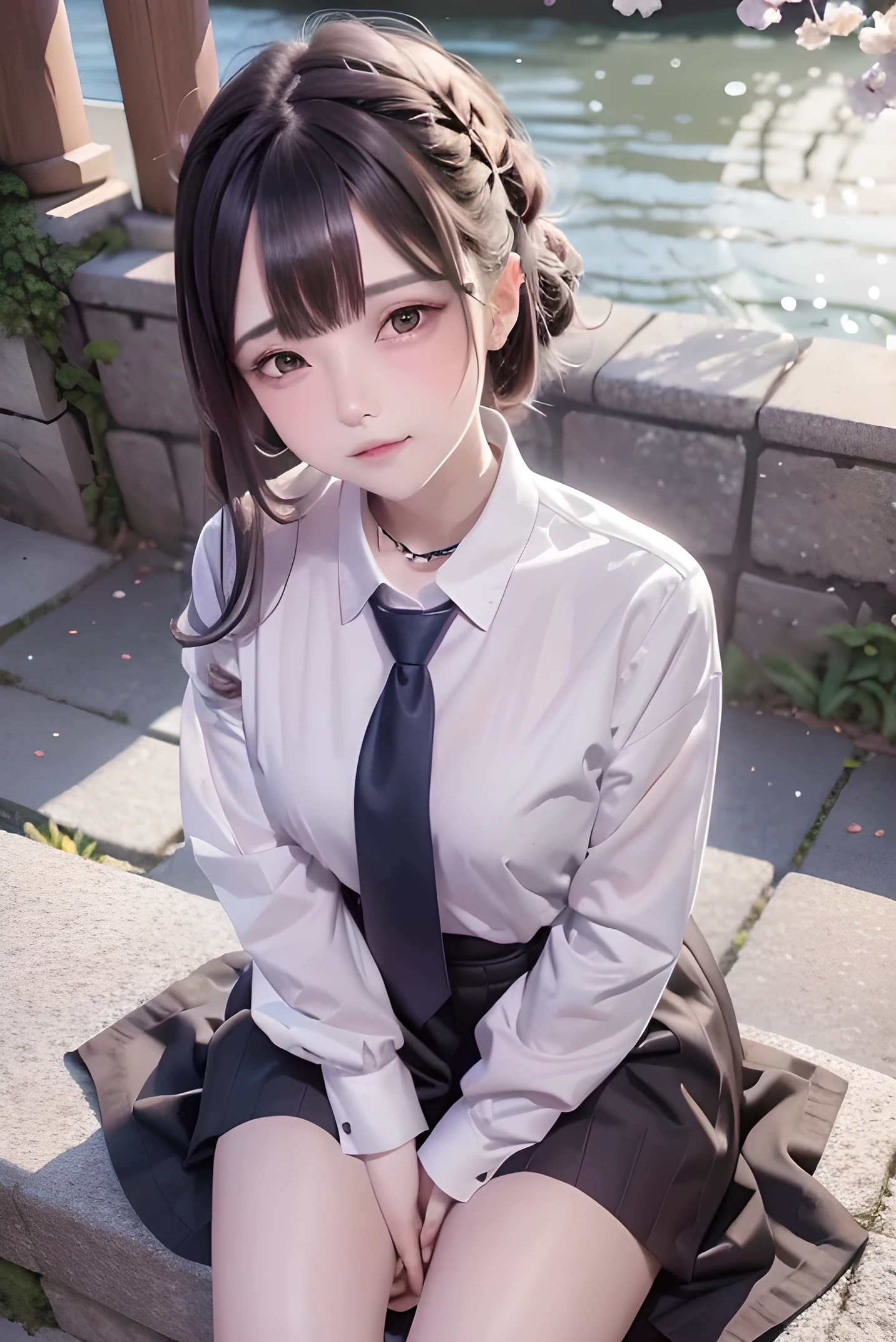 (masterpiece、highest quality、High resolution、8K)、Intricate details、(uniform)、(Long sleeve、White shirt、Navy blue tie、Grey sweater)、mini skirt、pretty girl、17 years old、Detailed face、Detailed eyes、Dark red lips、Moist eyes、Moist lips、smile、The corners of the mouth are raised、(background),(Cherry blossoms fluttering down the riverbank、Sitting on stone steps)