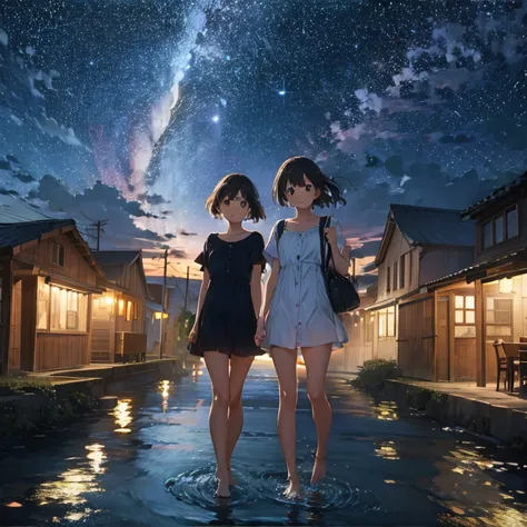 Big Dipper、Night view of the port town and starry sky、blue and white striped shirt dress、Barefoot sandals、Sisters