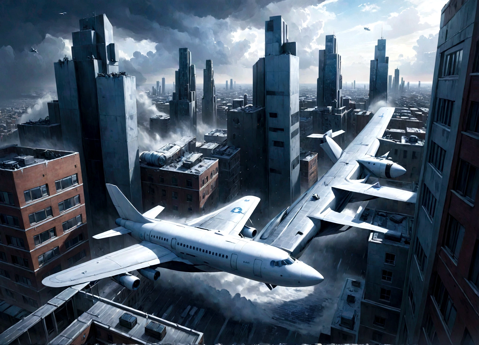 從側面看，戲劇性的電影場景, 靈感來自 Rick Owens 美術風格. 它有一個大飛機, 當它在惡劣的天氣中掙扎時，它會被顯著地展示出來, 瞄準天空. 飛機下方, 從上面看, 是一片密集的城市景觀，以一直延伸到地平線的公寓大樓為主. 整個影像呈現為藍色和白色的色調, 呼應虛構的 Самолет 公司的企業色彩. 這個畫面融合了超現實主義和超現實主義, 夏卡爾畫作的夢幻特質, 創造出視覺上引人注目且獨特的城市景觀. -