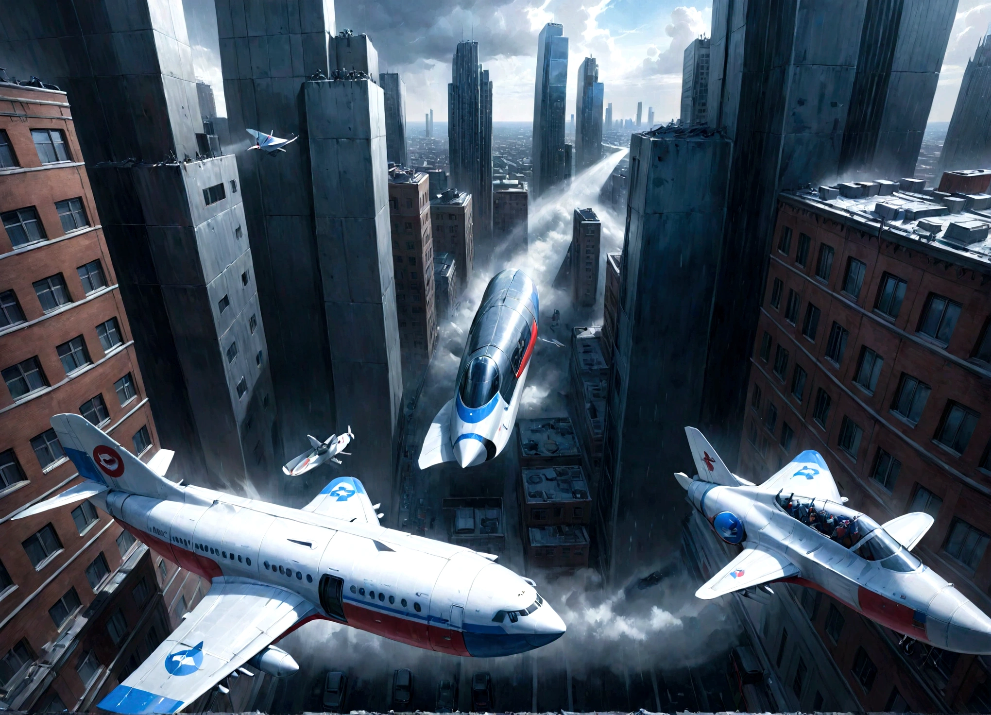 A dramatic and cinematic scene viewed from the side, inspired by the art styles Rick Owens. It features a large plane, prominently displayed as it struggles through severe weather, aiming for the sky. Below the plane, viewed from above, is a densely packed urban landscape dominated by apartment buildings that stretch far into the horizon. The entire image is rendered in shades of blue and white, echoing the corporate colors of the fictional Самолет company. This tableau blends hyperrealism with the surreal, dreamlike qualities of Chagall’s paintings, creating a visually striking and unique urban scene. -