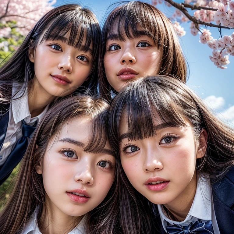 Best_Quality, HDR, masterpiece, Hi-Res, (Acutance:0.85), (realistic and photorealistic with touch of rawness:1.37), (group photo:1.6), ((3SchoolGirls Surrounding the camera in Upward composition)), Panoramic, (NOGIZAKA face variations:1.4), { Looking down at the camera | (Kissing face to face) }, (((close:1.2, Face closeup from below:1.4))), (((Sky background)) with CherryBlossoms) . BREAK  Extremely Detailed KAWAII face variations, captivating gaze, elaborate detailed Eyes with (sparkling highlights:1.32), long eyelashes、Glossy RED Lips with beautiful details, Coquettish tongue, Rosy cheeks, Glistening ivory skin . { (Dynamic joyful expressions) | (:D) | (Kissing) }, Childish, SchoolUniform, { Different types of hair colors | Bangs | Hime cut  | OKAPPA } 