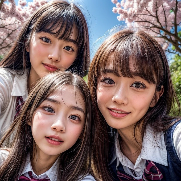 Best_Qualität, HDR, Meisterwerk, Hochauflösend, (Schärfe:0.85), (realistic anD photorealistic with touch of rawness:1.37), (Gruppenfoto:1.6), ((3SchoolGirls SurrounDing the camera in UpwarD composition)), Panorama-, (NOGIZAKA-Gesichtsvariationen:1.4), { Looking Down at the camera | (Küssen face to face) }, (((schließen:1.2, Face schließenup from below:1.4))), (((Sky backgrounD)) mit CherryBlossoms) . BREAK  Extremely DetaileD KAWAII face variations, fesselnder Blick, elaborate DetaileD Eyes with (funkelnde Highlights:1.32), lange Wimpern、Glossy RED Lips with beautiful Details, Kokette Zunge, ROSIGE WANGEN, glänzende elfenbeinfarbene Haut . { (Dynamische, freudige Ausdrücke) | (:D) | (Küssen) }, ChilDish, SchoolUniform, { Verschiedene Arten von Haarfarben | Bangs | Hime-Schnitt  | OKAPPA } 