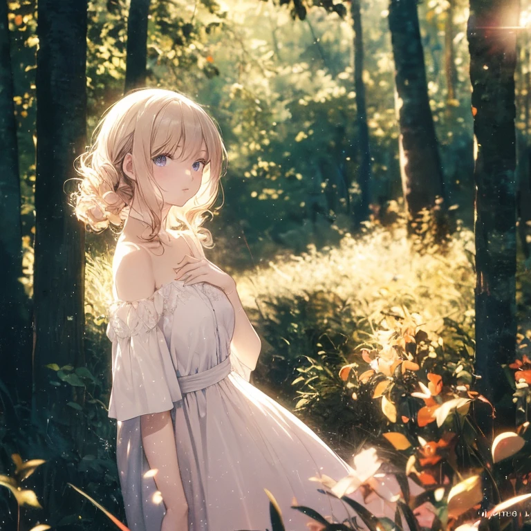 (8k), (masterpiece), (best quality), (super details), (award winning), (game illustration), lens flare, glowing light, woman in a pink dress standing in the woods, modeling shoot, beautiful girl, (beautiful face:0.8), slender blonde girl, fashion photography portrait, pale skin curly blond hair, (off shoulder), (small breast)