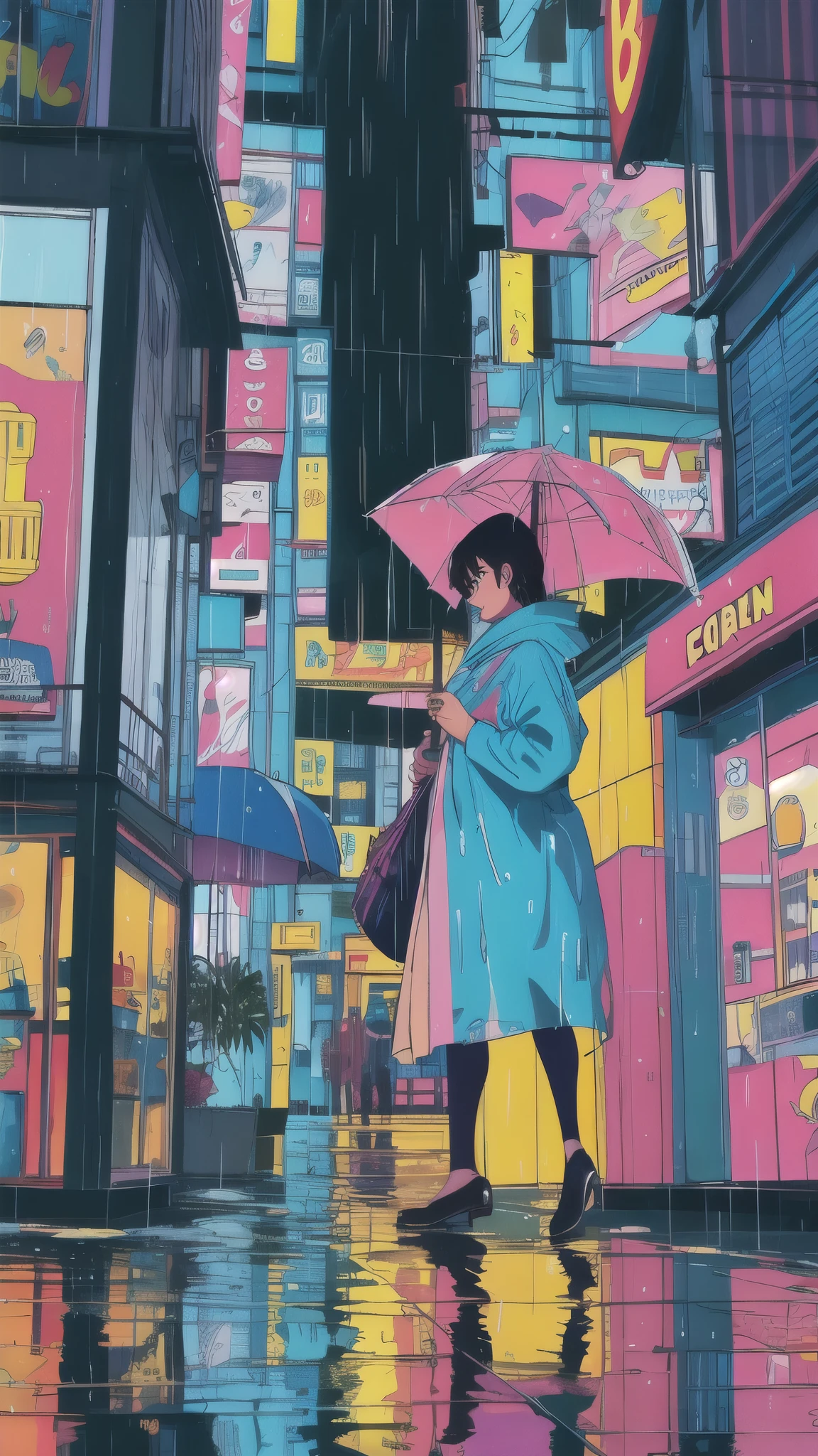 Retro pop art: Monsoon rain splashes down on a bustling city street, creating a vibrant reflection.