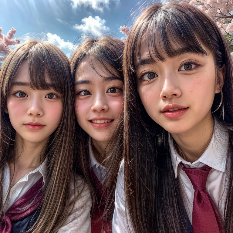 Best_Quality, HDR, masterpiece, Hi-Res, (Acutance:0.85), (realistic and photorealistic with touch of rawness:1.37), (group photo:1.6), ((3SchoolGirls Surrounding the camera in Upward composition)), Panoramic, (NOGIZAKA face variations:1.4), { Looking down at the camera | (Kissing face to face) }, (((close:1.2, Face closeup from below:1.4))), (((Sky background)) with CherryBlossoms) . BREAK  Extremely Detailed KAWAII face variations, captivating gaze, elaborate detailed Eyes with (sparkling highlights:1.32), long eyelashes、Glossy RED Lips with beautiful details, Coquettish tongue, Rosy cheeks, Glistening ivory skin . { (Dynamic joyful expressions) | (:d) | (Kissing) }, ((Childish)), SchoolUniform, { Different types of hair colors | Bangs | Hime cut  | OKAPPA } 