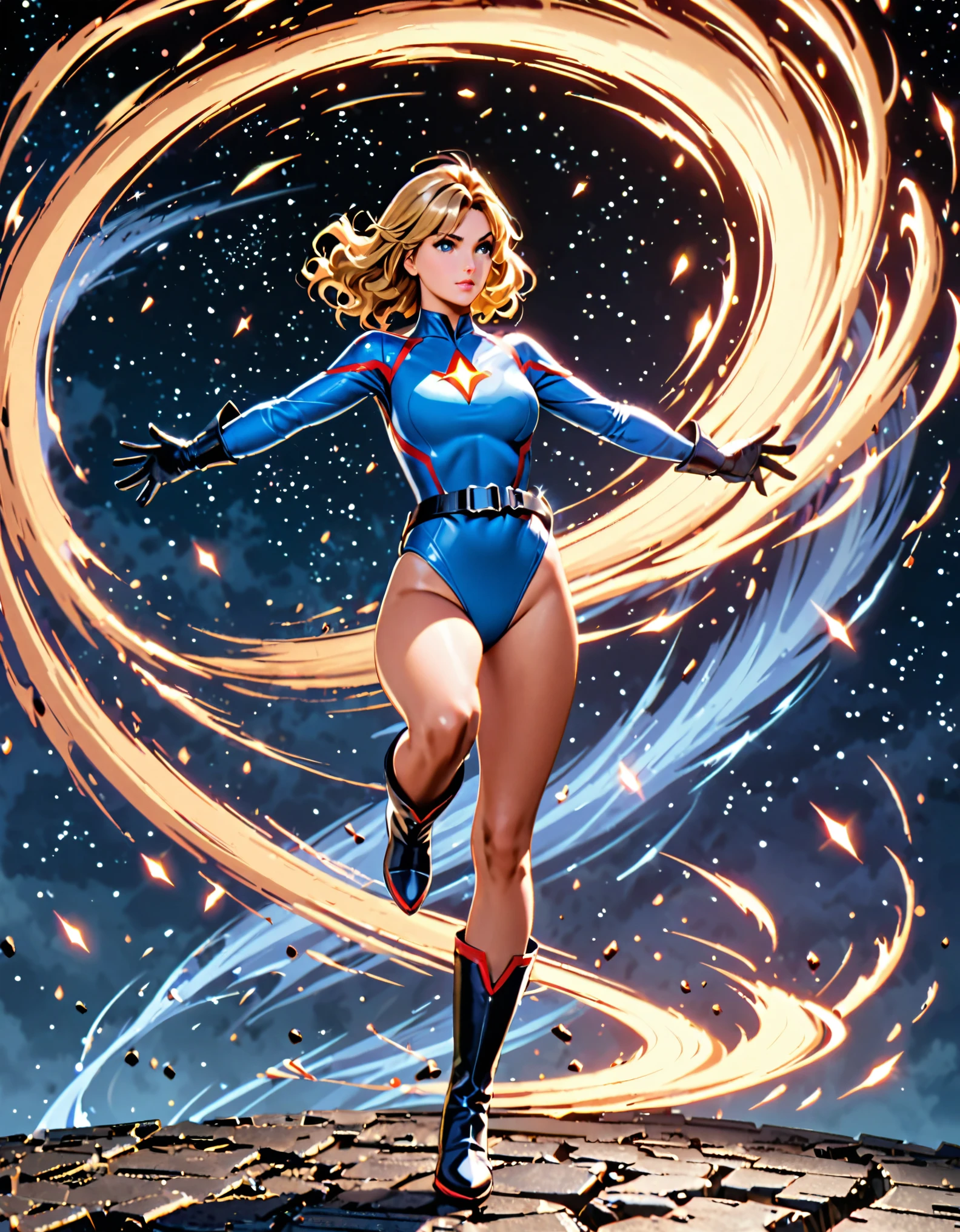 1girl, medium breasts, ((leotard, light blue leotard)), long sleeves, (lighting bolt emblem on chest), (bare legs), (fastened tight belt), boots, matching boots, gloves, space backdrop, solo, single, full body shot, cowboy shot, superhero, beautiful detailed eyes, power, blonde hair, (short hair), wavy hair, mature lady, teacher, (spins fast) in place like a (tornado), wind swirls, rapid gyration, girl tornado (spinning), (girl turning to a whirlwind), outstretched arms, perfect body, (perfect hands), (curved sword slash), (time travel)