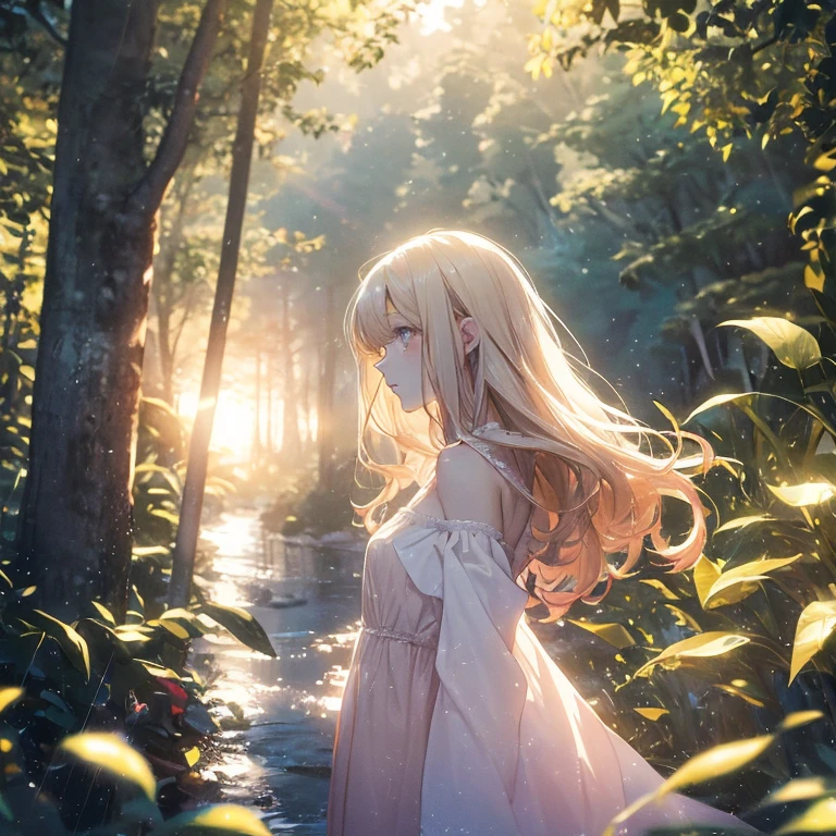 (8k), (masterpiece), (best quality), (super details), (award winning), (game illustration), lens flare, glowing light, woman in a pink dress standing in the woods with waterfall, modeling shoot, beautiful girl, (beautiful face:0.8), slender blonde girl, pale skin curly blond hair, (off shoulder), (small breast)