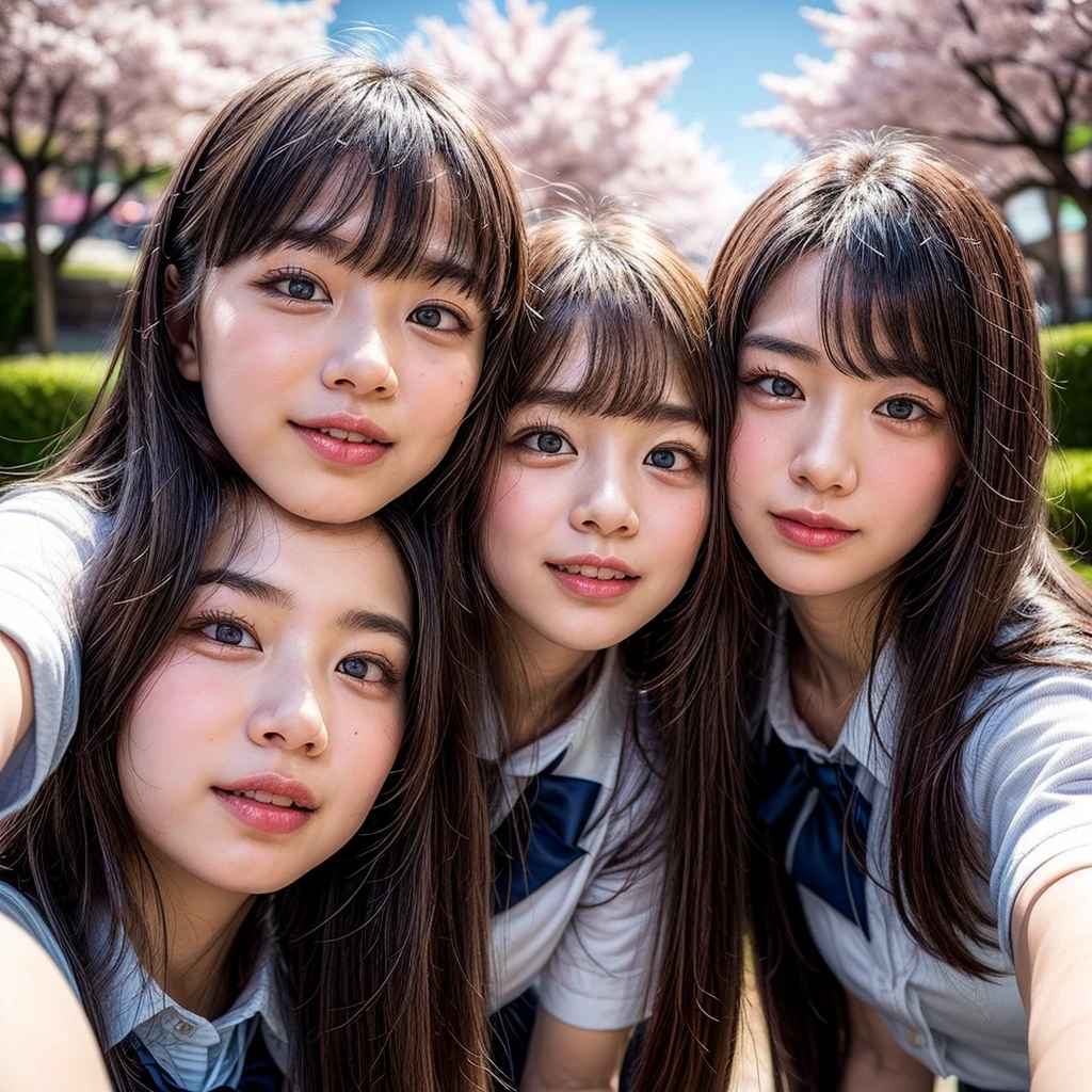 Best_Quality, HDR, masterpiece, Hi-Res, (Acutance:0.85), (realistic and photorealistic with touch of rawness:1.37), (group photo:1.6), ((3SchoolGirls Surrounding the camera in Upward composition)), Panoramic, (NOGIZAKA face variations:1.4), { Looking down at the camera | (Kissing face to face) }, (((close:1.2, Face closeup from below:1.4))), (((Sky background)) with CherryBlossoms) . BREAK  Extremely Detailed KAWAII face variations, captivating gaze, elaborate detailed Eyes with (sparkling highlights:1.32), long eyelashes、Glossy RED Lips with beautiful details, Coquettish tongue, Rosy cheeks, Glistening ivory skin . { (Dynamic joyful expressions) | (:d) | (Kissing) }, ((Childish)), SchoolUniform, { Different types of hair colors | Bangs | Hime cut  | OKAPPA } 