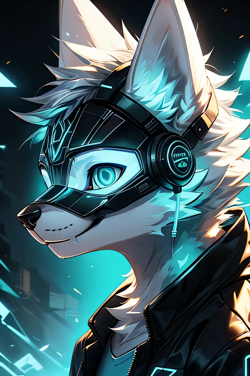 Young werewolf, White fur, Wearing a black jacket with neon details, Wearing a mechanical mask, With gaming headset, Profile picture, Face close-up high quality, The art of math, , HD 4K realism, ((clear structural details)), Meticulous and pragmatic, delicate eyes, (Turquoise blue pupils), ((Silvery-white glowing eyes)), evil smile, Smile, Slender, Soft, 4k, excellent quality, High Detail, Fine fur, ((The tail is in the right position) ，Light blue shirt。Two ears，Yellow hair，whole body，permanent
