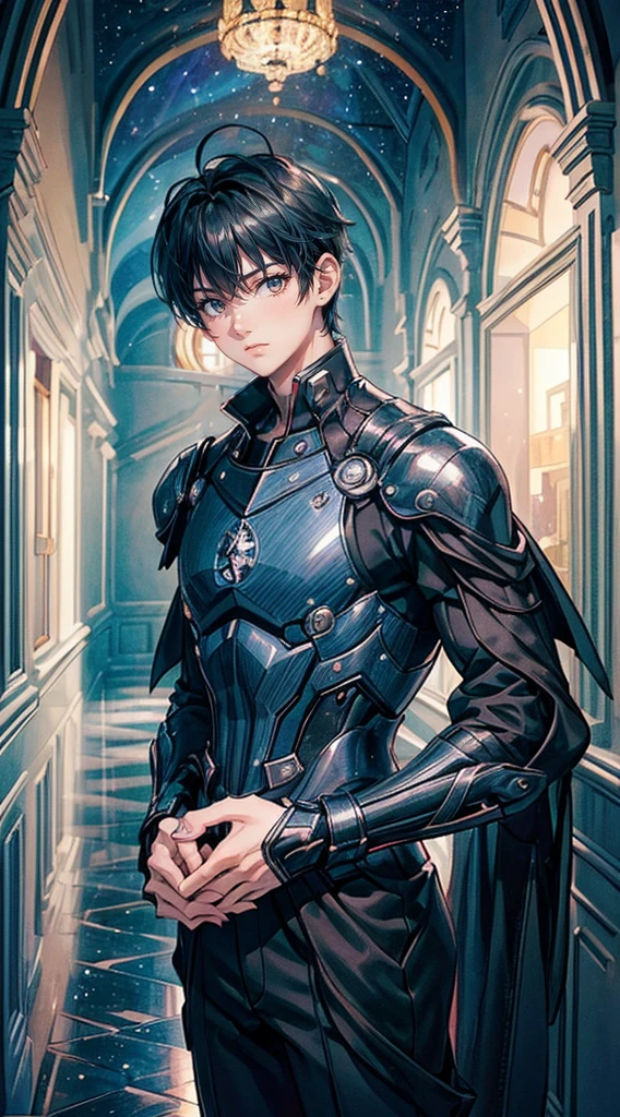 ((4K works))、​masterpiece、(top-quality)、One Beautiful Fallen Angel Boy、Slim body、tall、((Attractive British style))、(Detailed beautiful eyes)、((mid night))、In the English corridor、Castle inhabited by villains、Black shop window、Corridor at night、((You can see the starry sky from the window))、((dark sky))、((English corridors))、((Shot in a corridor in England))、mid night、((Short-haired black hair))、((Smaller face))、((Wild face))、((White eyes))、((American adult male))、((Adult male 26 years old))、((Cool Men))、((Like a celebrity))、((Smiling expression))、((Korean Makeup))、((elongated and sharp eyes))、((Happy dating))、((boyish))、((Upper body photography))、Professional Photos、((Shot alone))、((Shot from diagonally in front))、((Shot in close proximity to him))、((Focus zoom in))、((He is standing in the hallway))