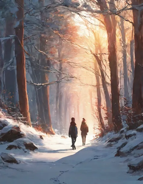 a close up of a person walking on a snowy path in the woods, snowy. by makoto shinkai, ross tran. scenic background, beautiful a...