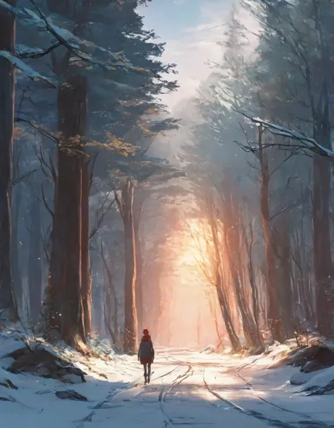 a close up of a person walking on a snowy path in the woods, concept art by sylvain sarrailh, Artstation, conceptual art, snowy....