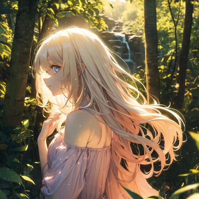 (8k), (masterpiece), (best quality), (super details), (award winning), (game illustration), (surprised happy face), lens flare, glowing light, woman in a pink dress standing in the woods with waterfall, modeling shoot, beautiful girl, (beautiful face:0.8), slender blonde girl, pale skin curly blond hair, (off shoulder), (small breast)